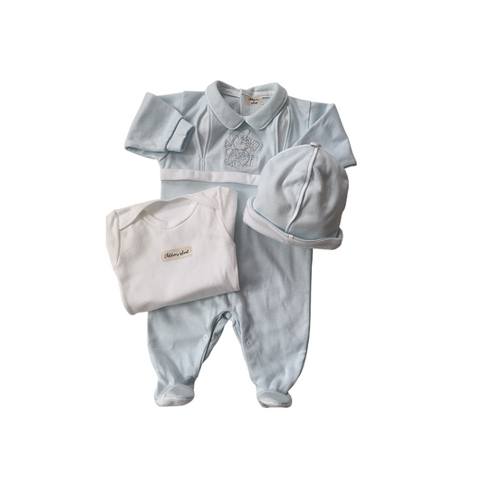 Set Nascita Azzurro in jersey "Dolce Orsetto" con Beanie e Body Tessuto Anallergico e Traspirante