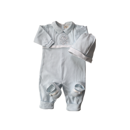 Tutina Neonato in Cotone Celeste con Orsetto Ricamato, Cappellino e Scarpine - Set 3 Pezzi