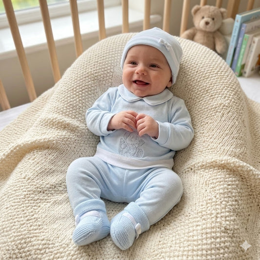 Tenero e Completo Set Neonato in cotone Color Celeste con Dettagli Ricamati e Fiocchetti