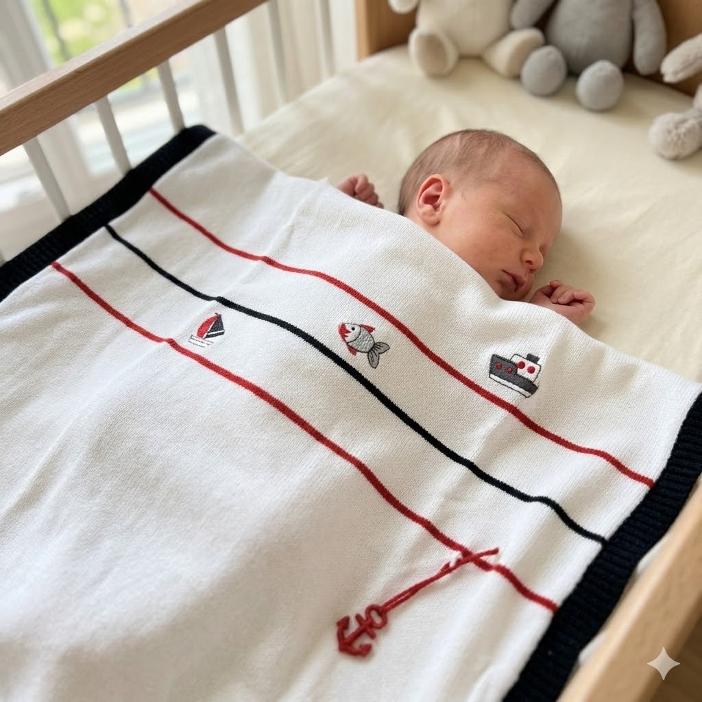 Dolci Nanna Marinara: Coperta Neonata in Maglia Intrecciata con Ricami Nautici