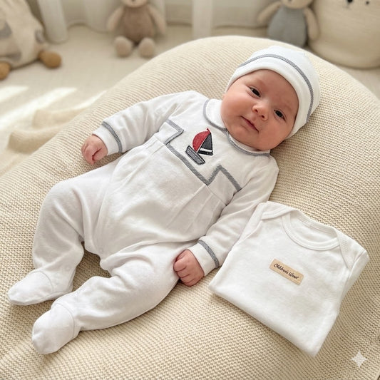 Tutina, cappellino e body in cotone organico per il tuo piccolo marinaio in confezione regalo inclusa nel prezzo