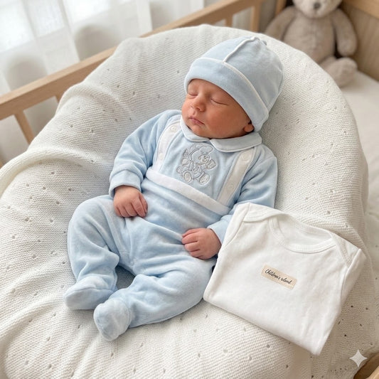 Set Nascita Azzurro in jersey "Dolce Orsetto" con Beanie e Body Tessuto Anallergico e Traspirante