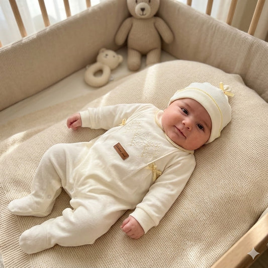 Tutina Nascita Crema "Dolci Nodi" in Cotone con Beanie Coordinato