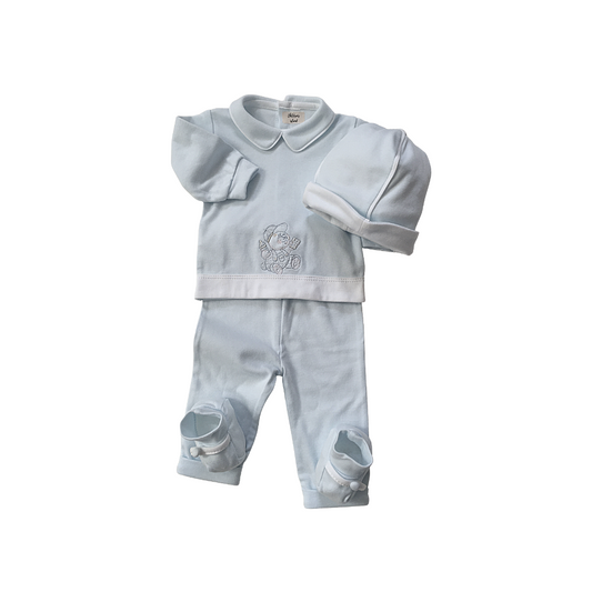 Tenero e Completo Set Neonato in cotone Color Celeste con Dettagli Ricamati e Fiocchetti