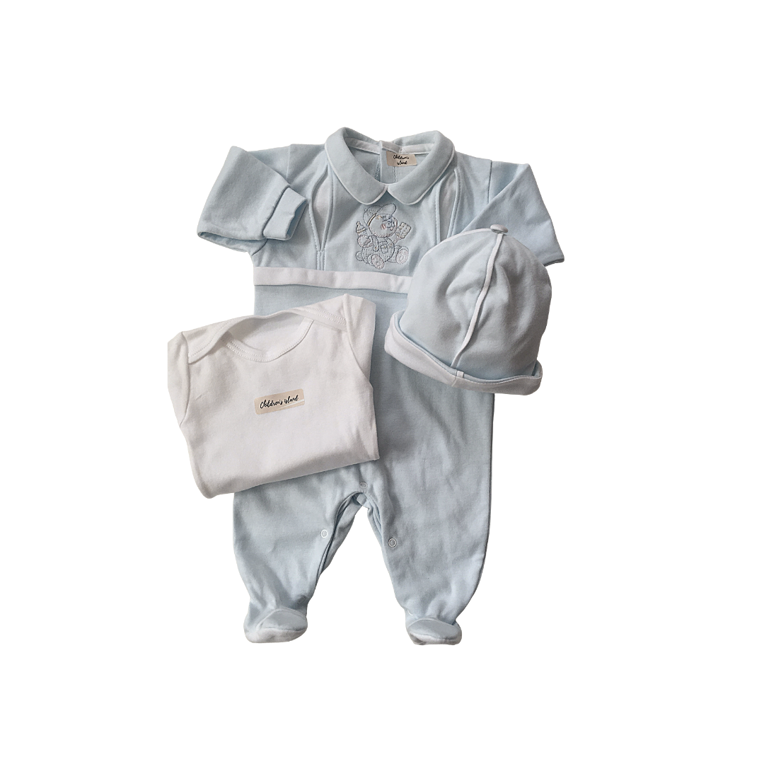 Set Nascita Azzurro in jersey "Dolce Orsetto" con Beanie e Body