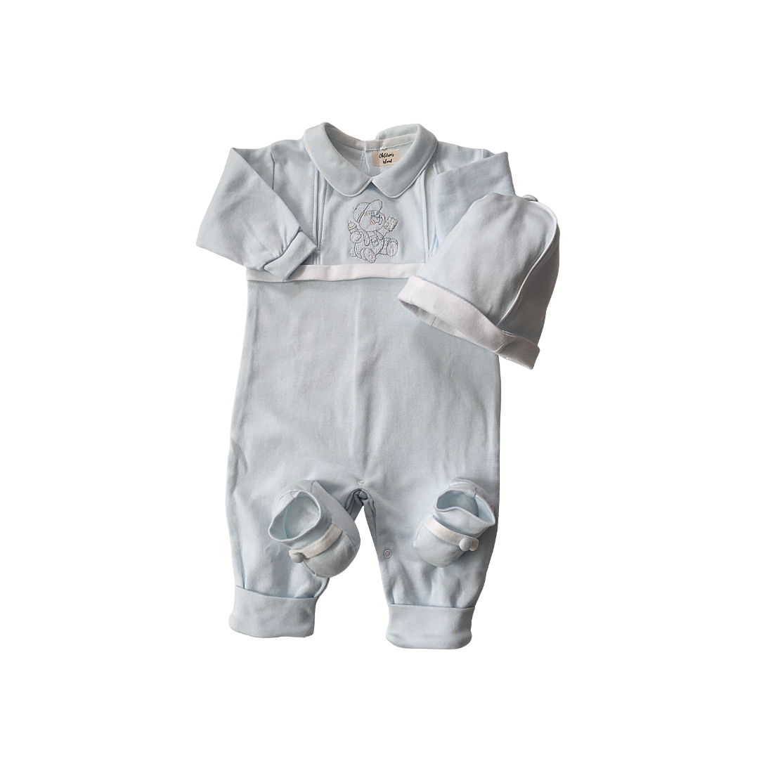 Tutina Neonato in Velluto Celeste con Orsetto Ricamato, Cappellino e Scarpine - Set 3 Pezzi