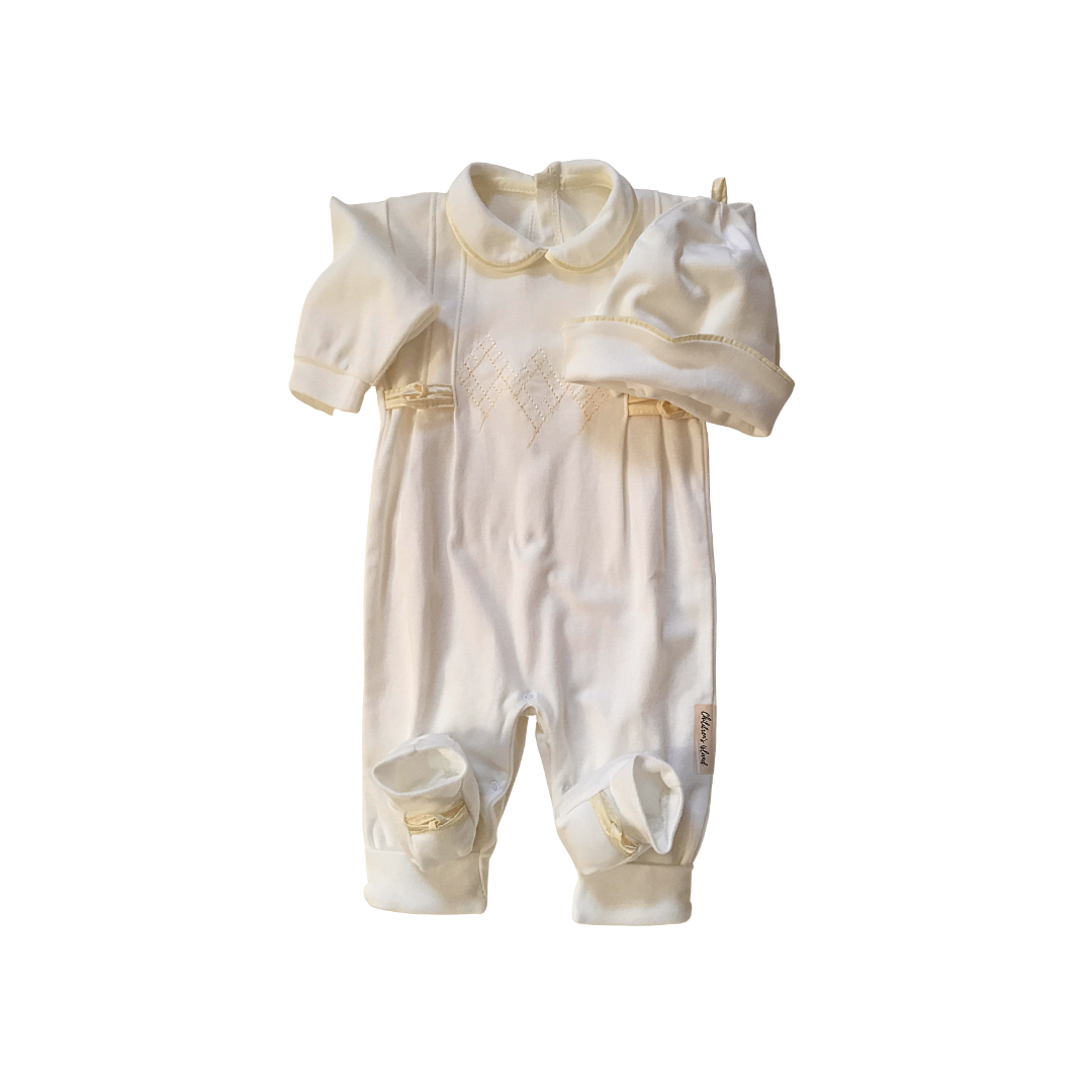 Tutina Nascita Crema "Dolci Nodi" in Cotone con Beanie Coordinato