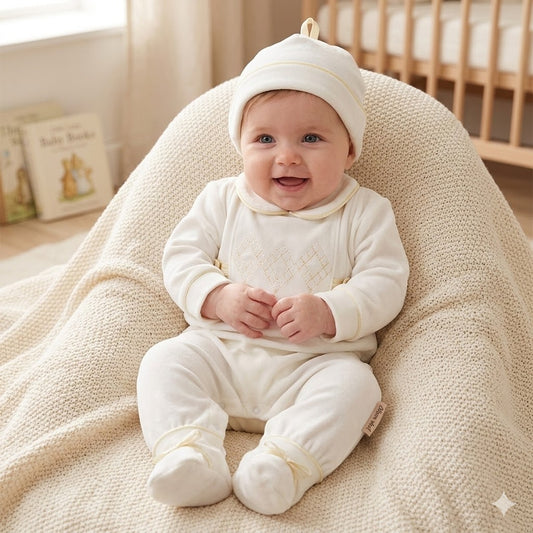 Elegante Completo Neonata in Cotone Color Panna con Dettagli Ricamati e Accessori