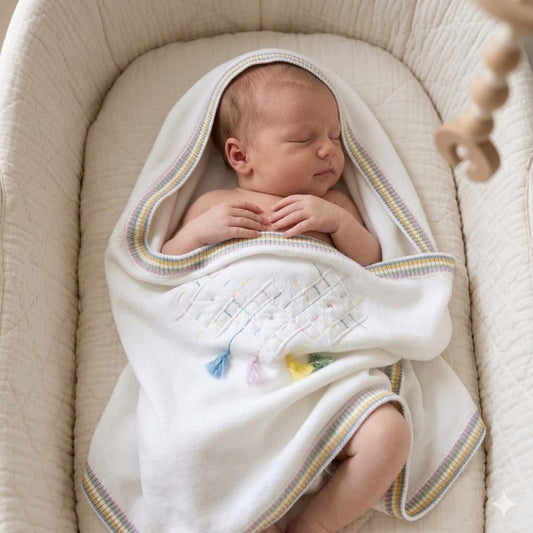 Copertina per Neonati Ultra Morbida in Cotone Organico con Ricamo a Maglia